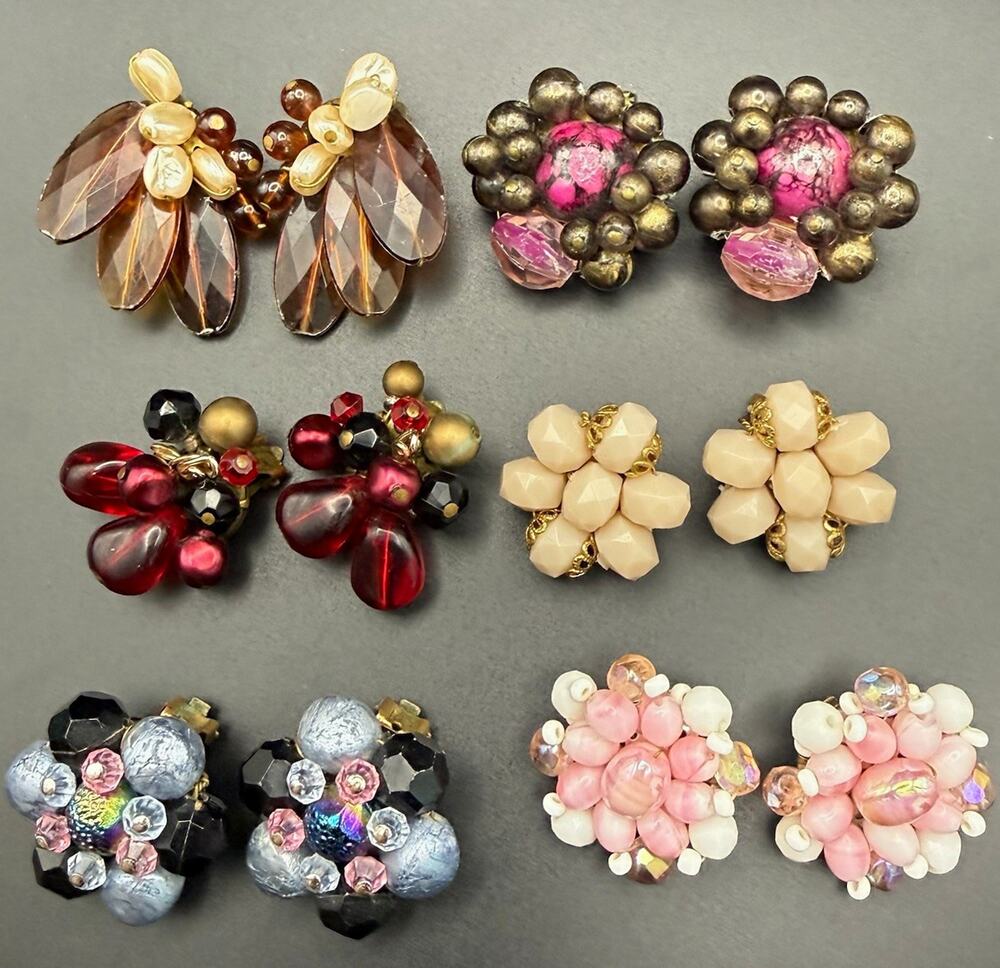 Vintage West Germany Clip On Earrings Lot 6 Pairs Beaded Cluster MCM Jewelry